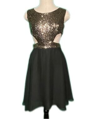 Vintage Black Gold Sequin Dress | Chiffon Skirt Side Cutouts | Small Extra Small